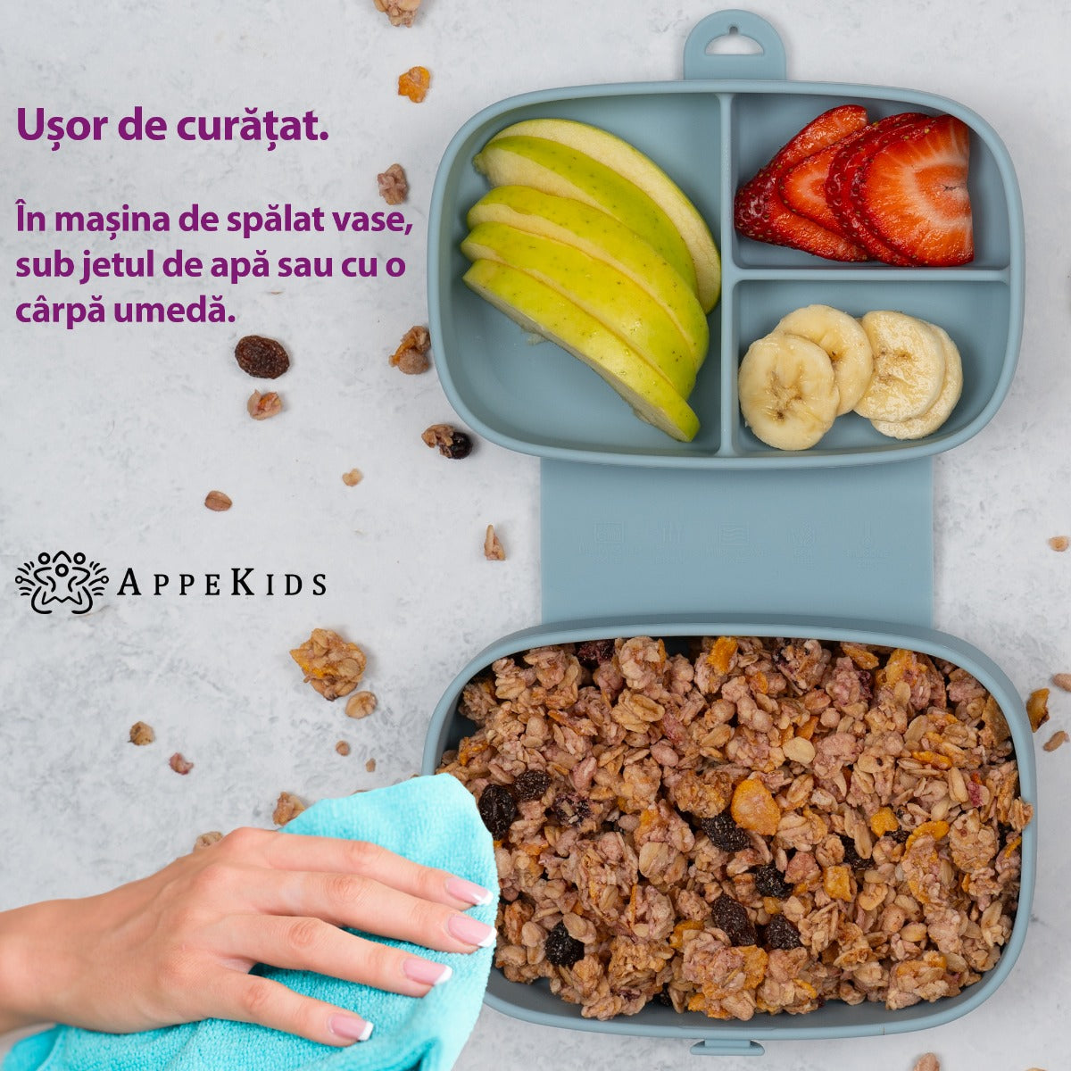 Caserola compartimentata din silicon cu ventuza, AppeKids Magic Box - Aqua Blue - gogobaby.ro