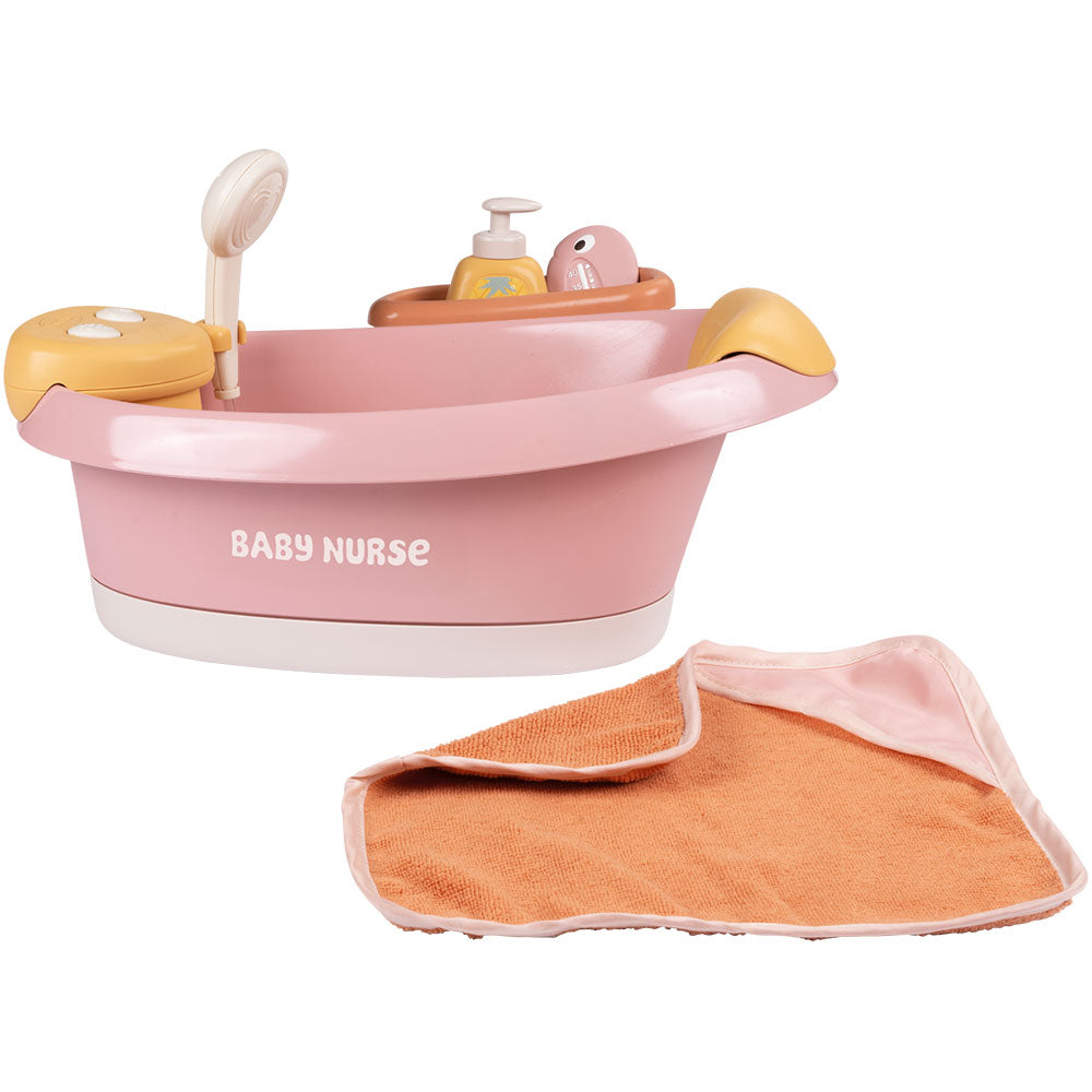 Cadita pentru papusa Smoby Baby Nurse Balneo Bath roz cu 3 accesorii - gogobaby.ro