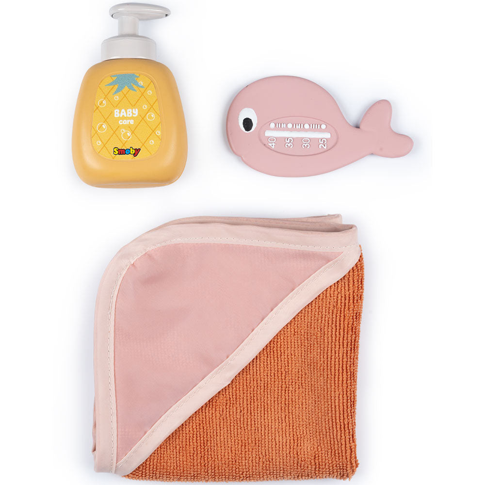 Cadita pentru papusa Smoby Baby Nurse Balneo Bath roz cu 3 accesorii