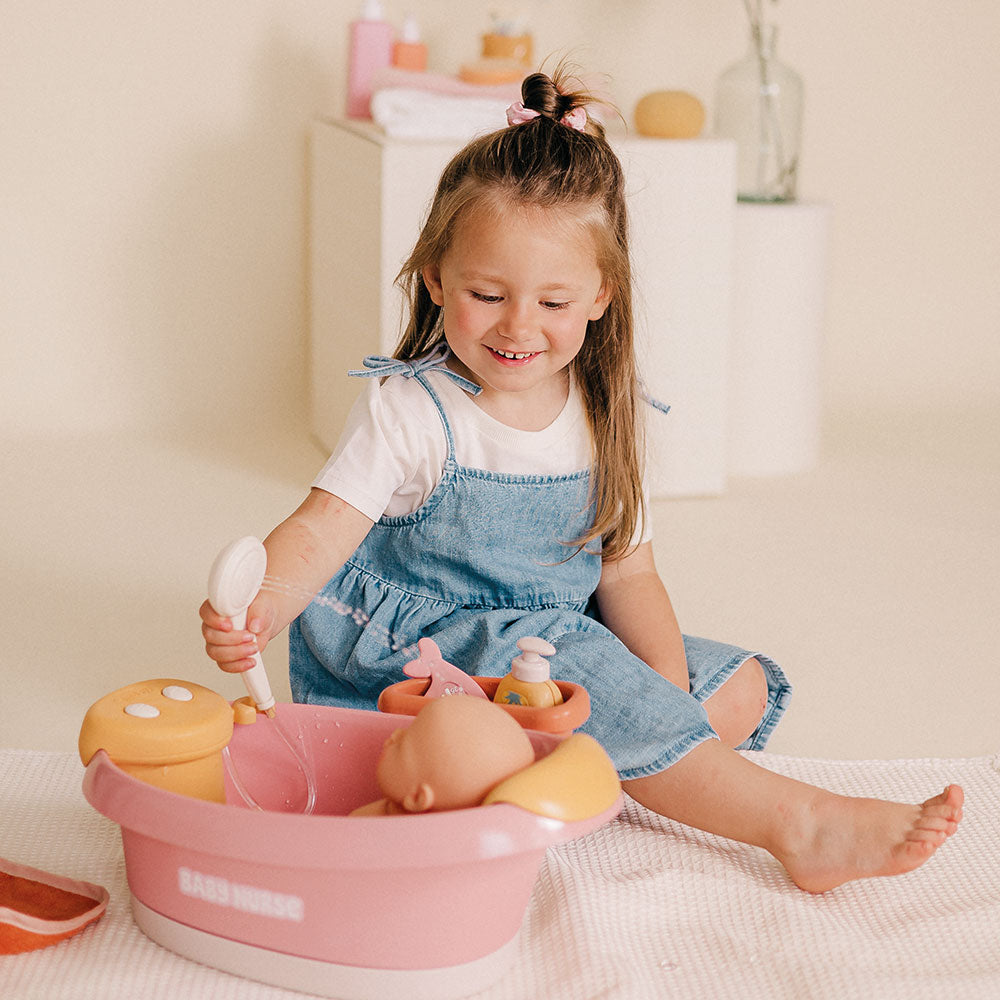 Cadita pentru papusa Smoby Baby Nurse Balneo Bath roz cu 3 accesorii