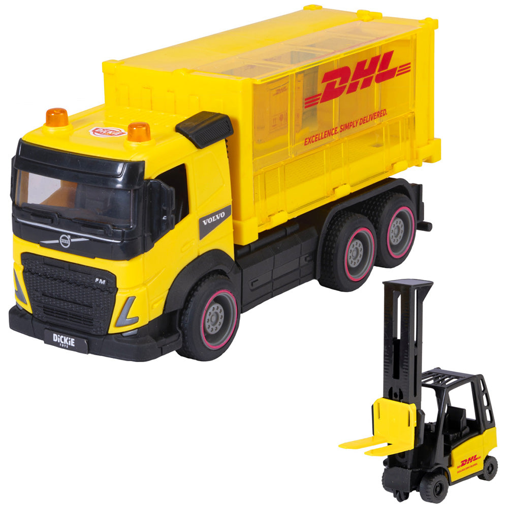 Camion Dickie Toys DHL Heavy Loader Truck 22 cm cu stivuitor