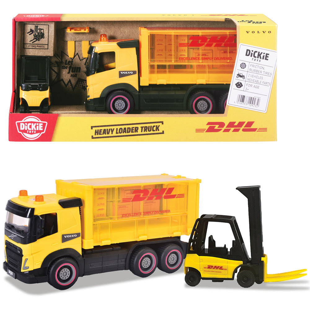 Camion Dickie Toys DHL Heavy Loader Truck 22 cm cu stivuitor