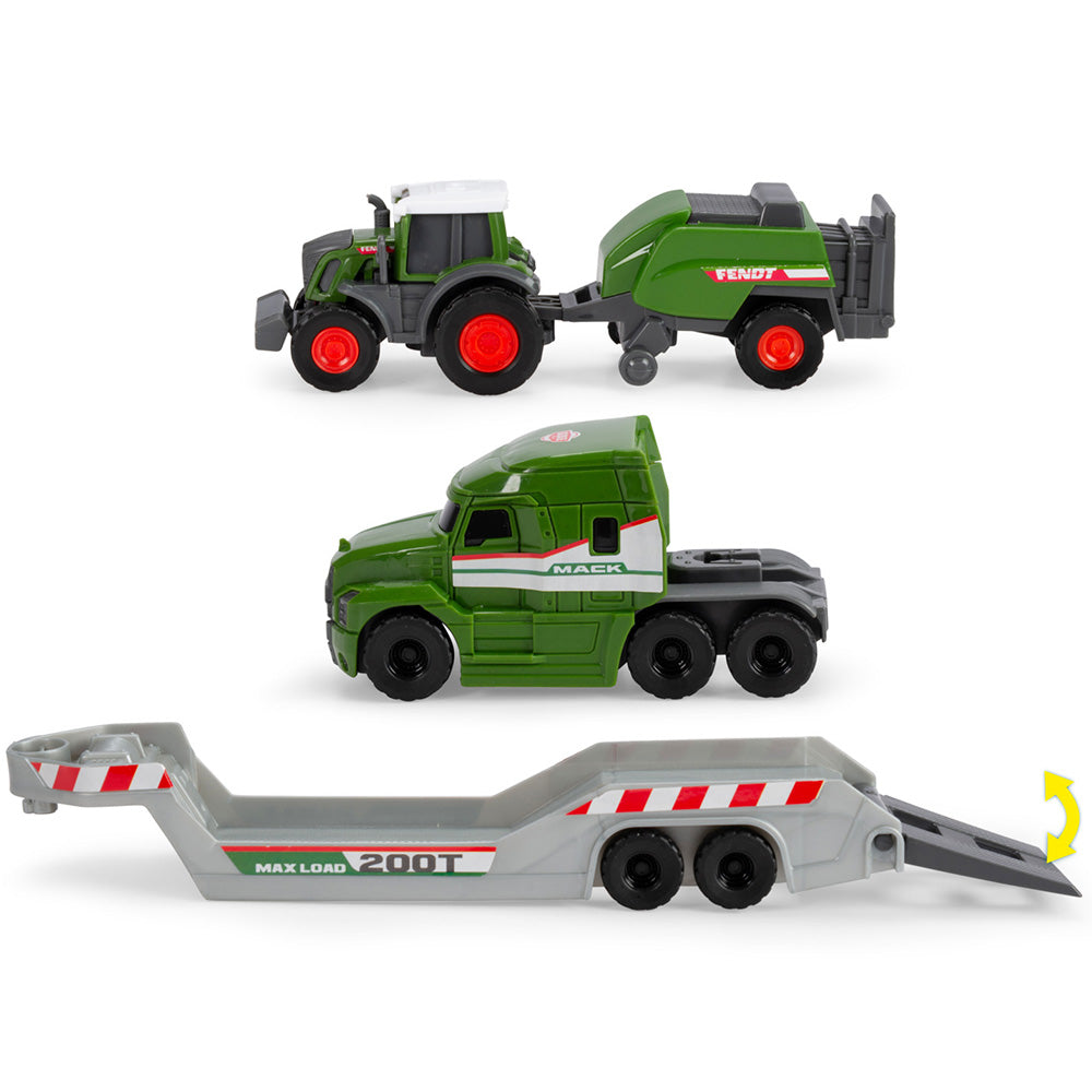 Camion Dickie Toys Fendt Micro Farm Truck 32 cm cu tractor si presa de balotat