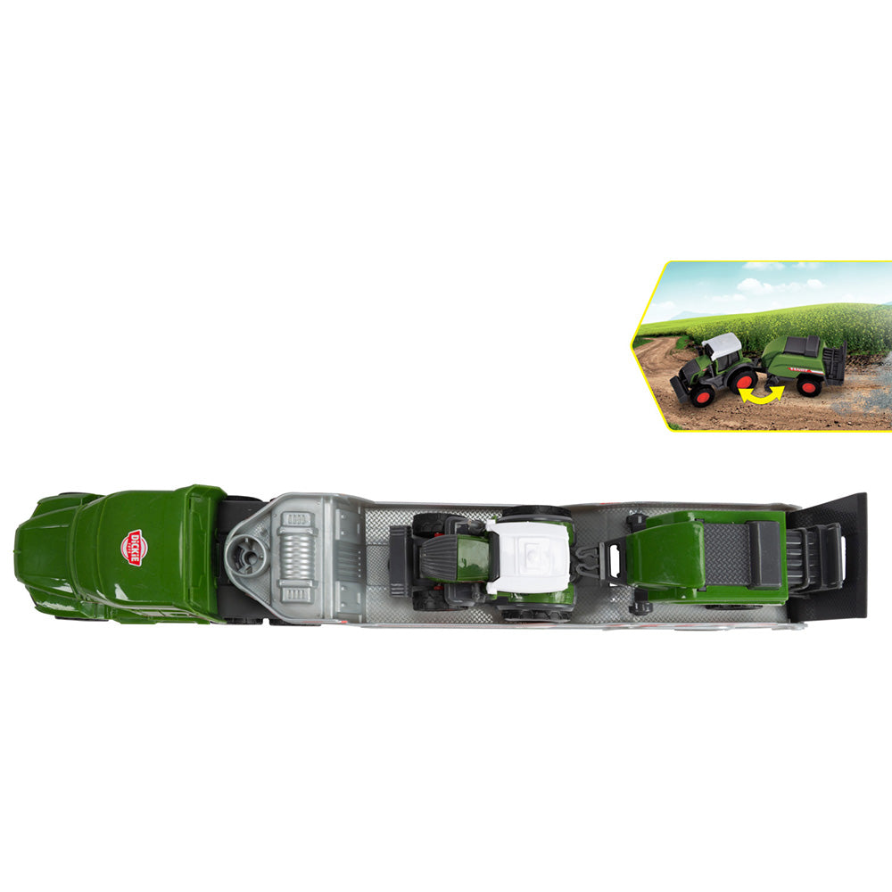 Camion Dickie Toys Fendt Micro Farm Truck 32 cm cu tractor si presa de balotat