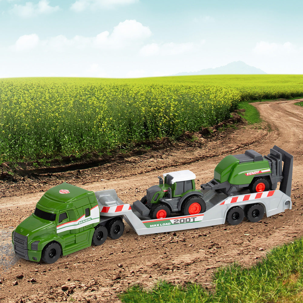 Camion Dickie Toys Fendt Micro Farm Truck 32 cm cu tractor si presa de balotat