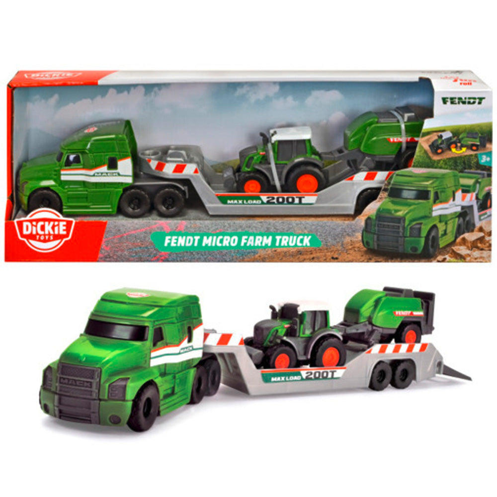 Camion Dickie Toys Fendt Micro Farm Truck 32 cm cu tractor si presa de balotat