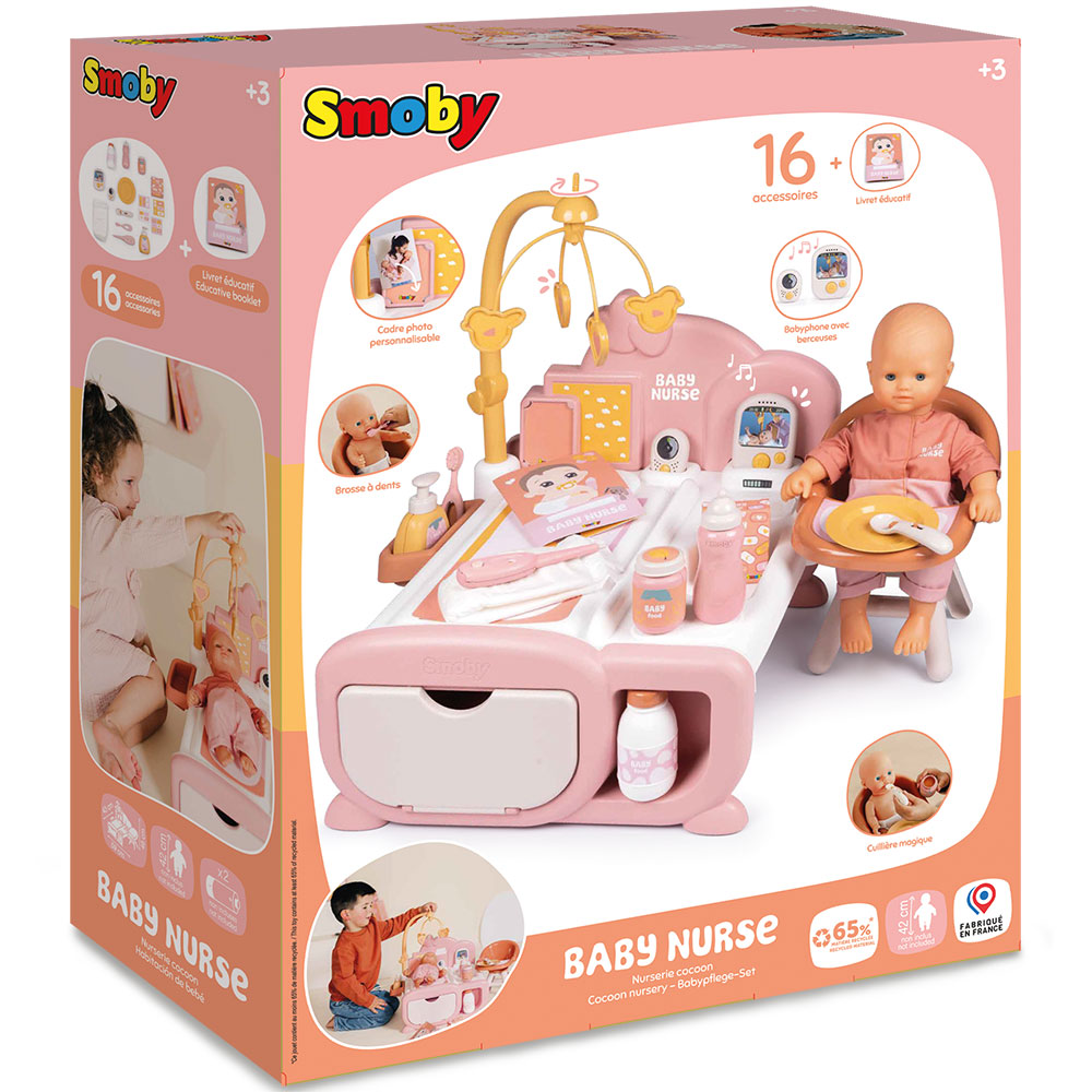 Centru de ingrijire pentru papusi Smoby Baby Nurse Cocoon Nursery 3 in 1 cu 16 accesorii