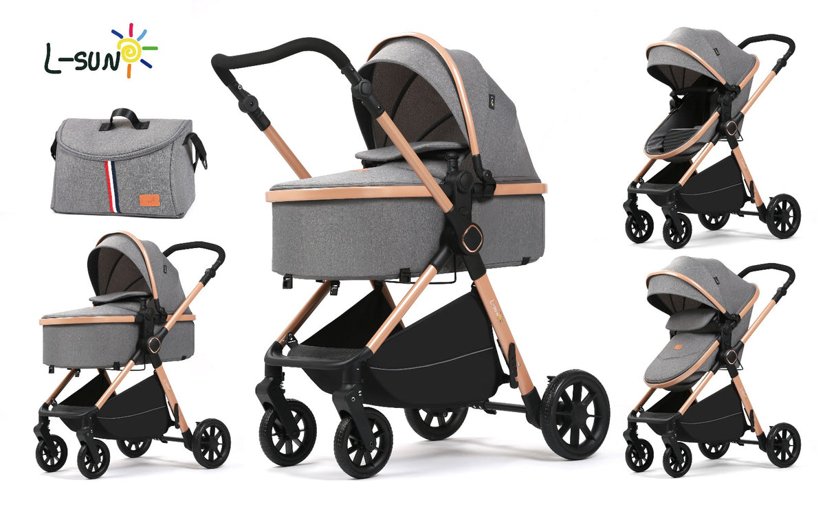 Carucior 2 in 1 L-Sun Nadia, Transformabil, Maner reversibil, Cadrul aluminiu, Include saculet de picioare, Geanta pentru parinti, Sustine 22 kg, Gray - gogobaby.ro