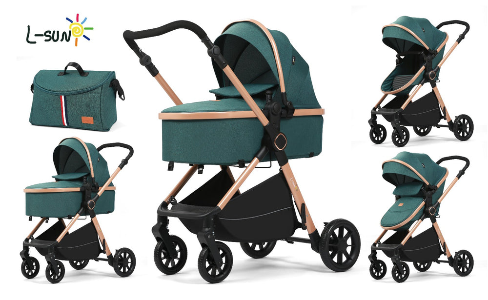 Carucior 2 in 1 L-Sun Nadia, Transformabil, Maner reversibil, Cadrul aluminiu, Include saculet de picioare, Geanta pentru parinti, Sustine 22 kg, Forest Green