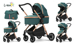 Carucior 2 in 1 L-Sun Nadia, Transformabil, Maner reversibil, Cadrul aluminiu, Include saculet de picioare, Geanta pentru parinti, Sustine 22 kg, Forest Green