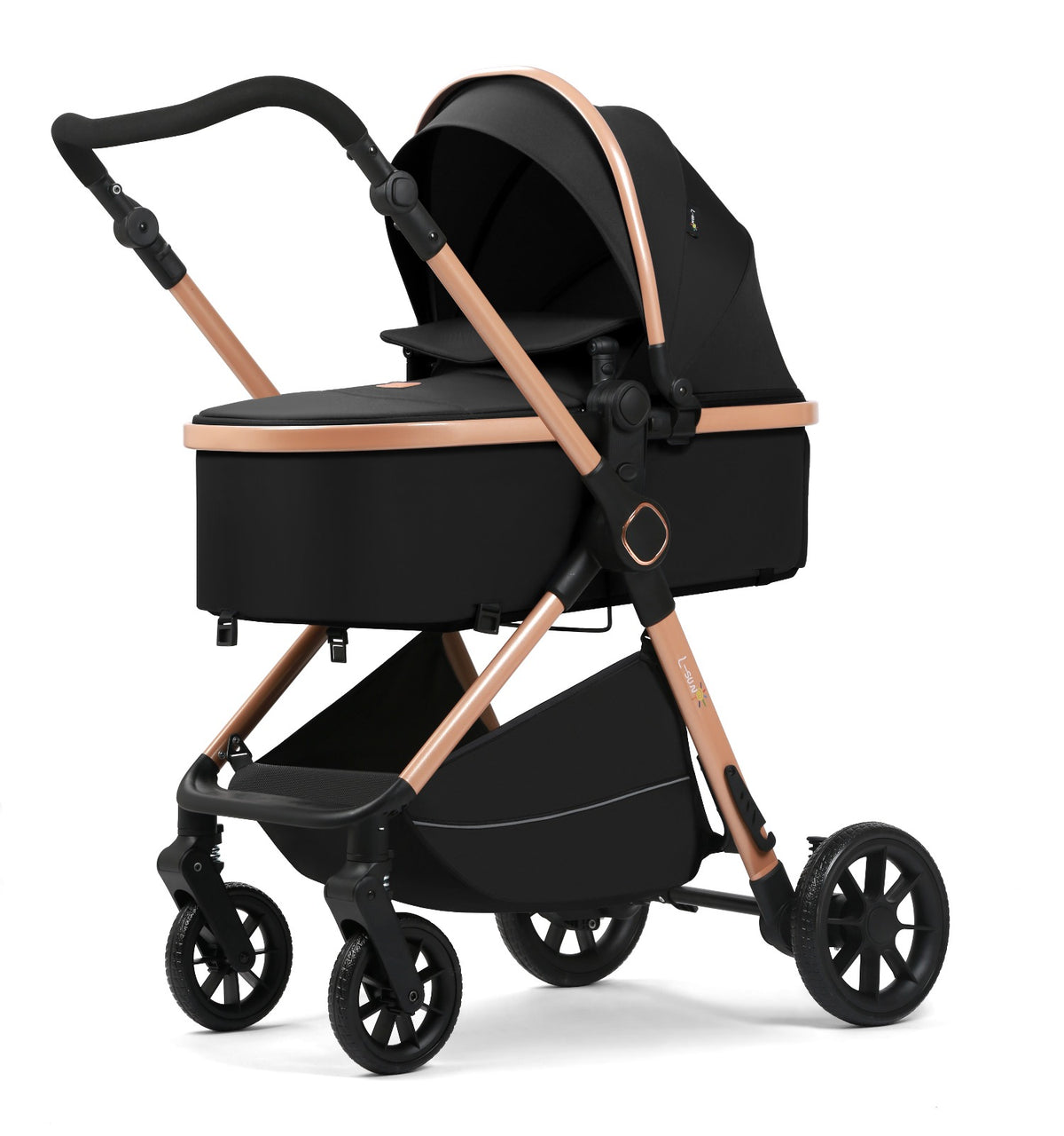 Carucior 2 in 1 L-Sun Nadia, Transformabil, Maner reversibil, Cadrul aluminiu, Include saculet de picioare, Geanta pentru parinti, Sustine 22 kg, Black - gogobaby.ro