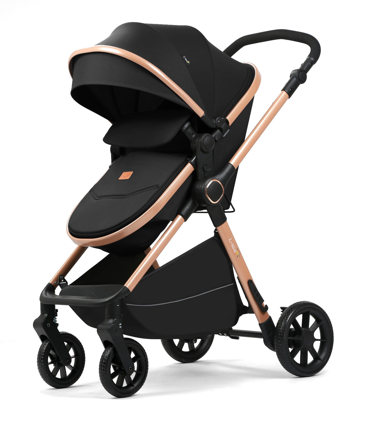 Carucior 2 in 1 L-Sun Nadia, Transformabil, Maner reversibil, Cadrul aluminiu, Include saculet de picioare, Geanta pentru parinti, Sustine 22 kg, Black - gogobaby.ro