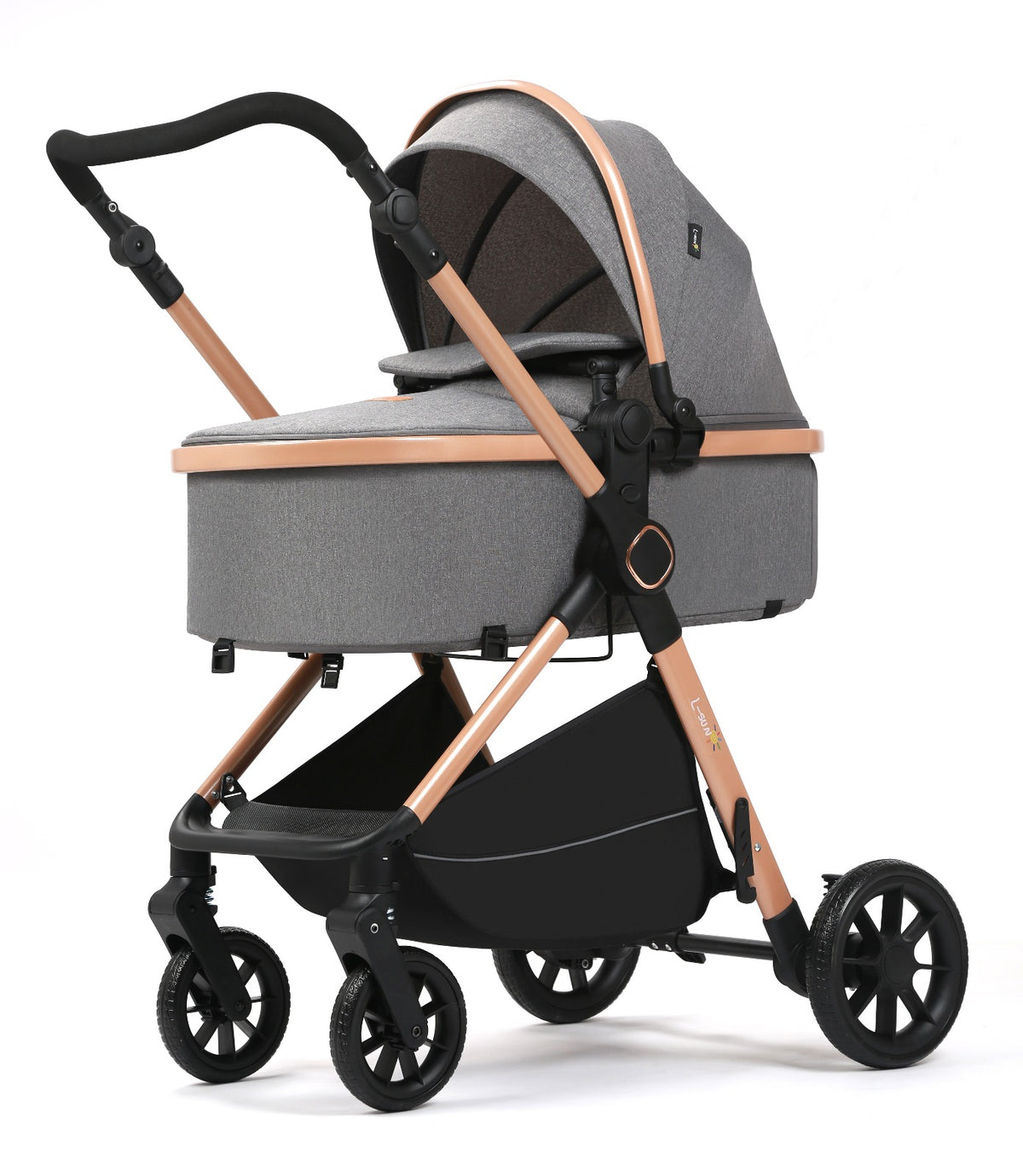 Carucior 2 in 1 L-Sun Nadia, Transformabil, Maner reversibil, Cadrul aluminiu, Include saculet de picioare, Geanta pentru parinti, Sustine 22 kg, Gray - gogobaby.ro