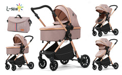 Carucior 2 in 1 L-Sun Nadia, Transformabil, Maner reversibil, Cadrul aluminiu, Include saculet de picioare, Geanta pentru parinti, Sustine 22 kg, Beige