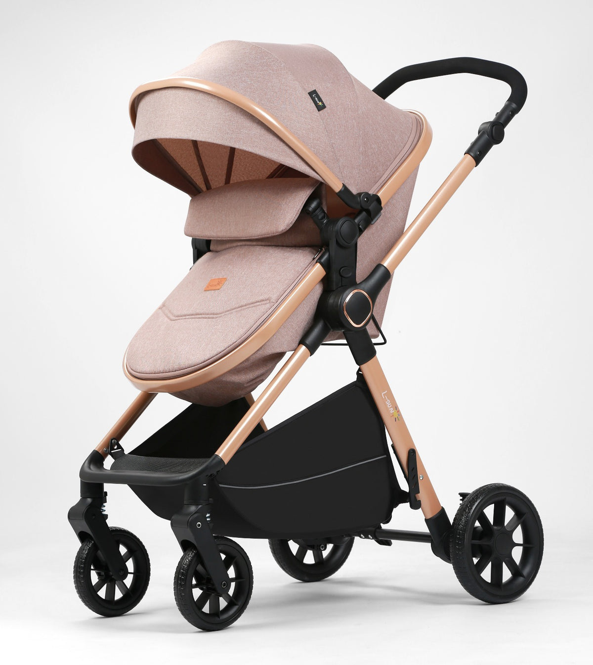 Carucior 2 in 1 L-Sun Nadia, Transformabil, Maner reversibil, Cadrul aluminiu, Include saculet de picioare, Geanta pentru parinti, Sustine 22 kg, Beige - gogobaby.ro