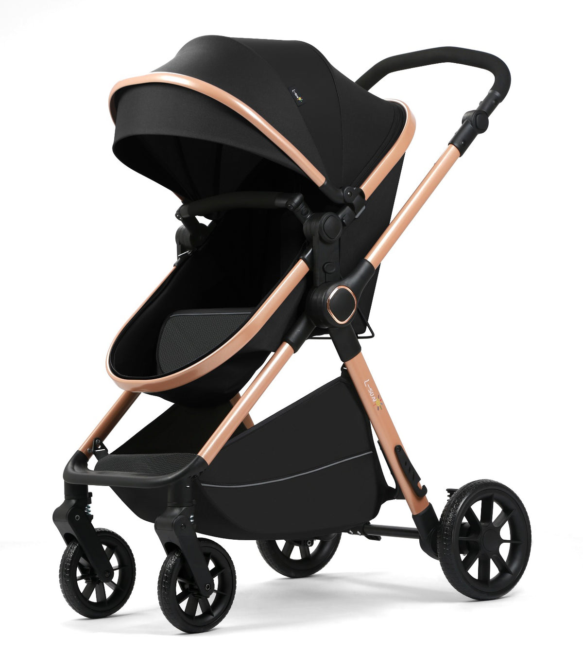 Carucior 2 in 1 L-Sun Nadia, Transformabil, Maner reversibil, Cadrul aluminiu, Include saculet de picioare, Geanta pentru parinti, Sustine 22 kg, Black - gogobaby.ro