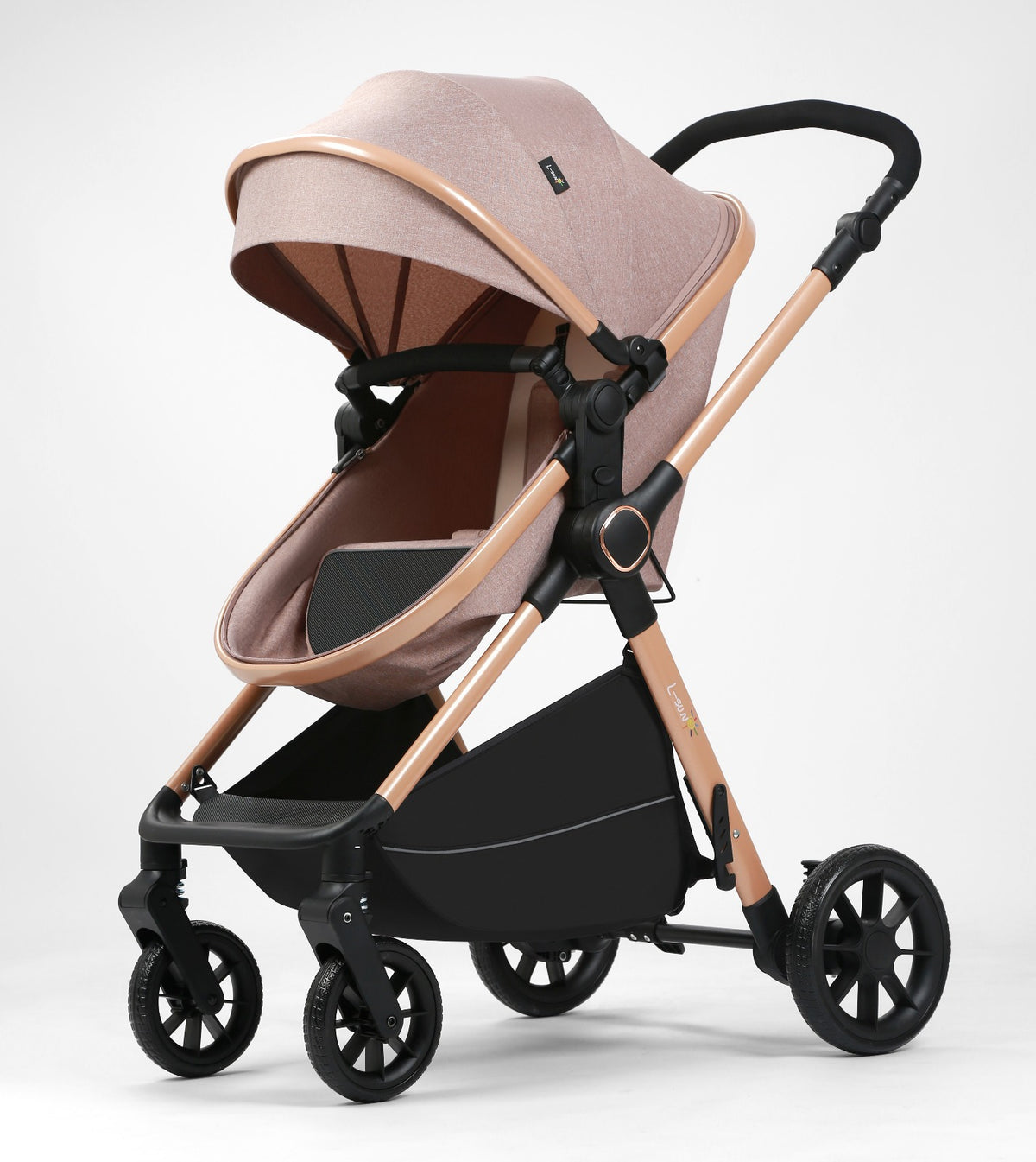 Carucior 2 in 1 L-Sun Nadia, Transformabil, Maner reversibil, Cadrul aluminiu, Include saculet de picioare, Geanta pentru parinti, Sustine 22 kg, Beige - gogobaby.ro