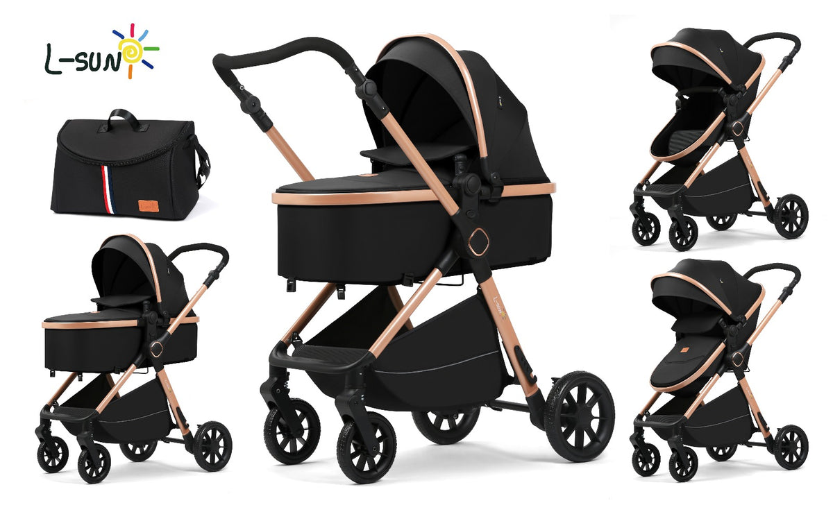 Carucior 2 in 1 L-Sun Nadia, Transformabil, Maner reversibil, Cadrul aluminiu, Include saculet de picioare, Geanta pentru parinti, Sustine 22 kg, Black - gogobaby.ro