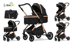 Carucior 2 in 1 L-Sun Nadia, Transformabil, Maner reversibil, Cadrul aluminiu, Include saculet de picioare, Geanta pentru parinti, Sustine 22 kg, Black