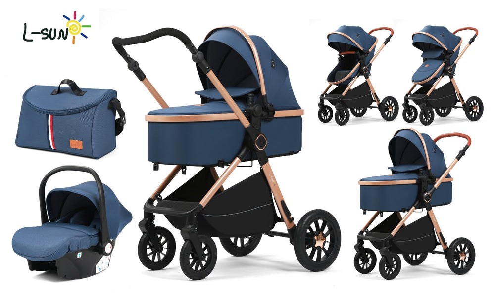 Carucior 3 in 1, L-Sun, Marina, Transformabil, Maner reversibil, Cadrul aluminiu, Cu landou si salteluta moale, Include saculet de picioare, Geanta pentru parinti, Sustine 22 kg, Bluemarin