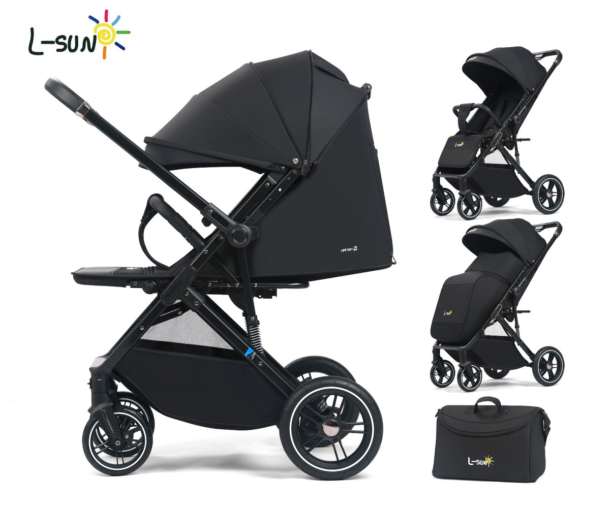 Carucior sport L-Sun Quest, Tip Troller, Maner Reversibil, Husa Picioare, Geanta Scutece, Black - gogobaby.ro