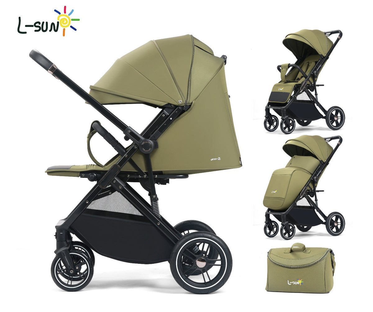 Carucior sport L-Sun Quest, Tip Troller, Maner Reversibil, Husa Picioare, Geanta Scutece, Olive - gogobaby.ro