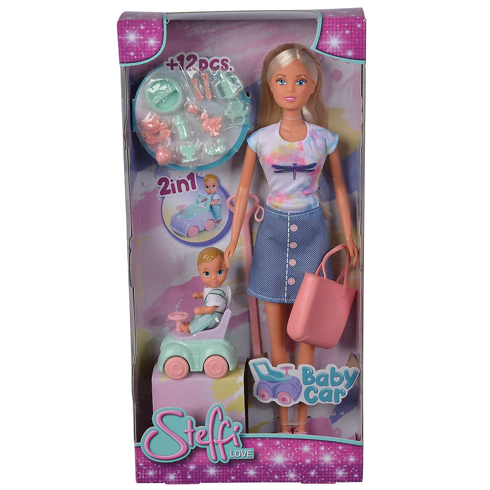 Papusa Simba Steffi Love Baby Car 29 cm cu figurina si accesorii