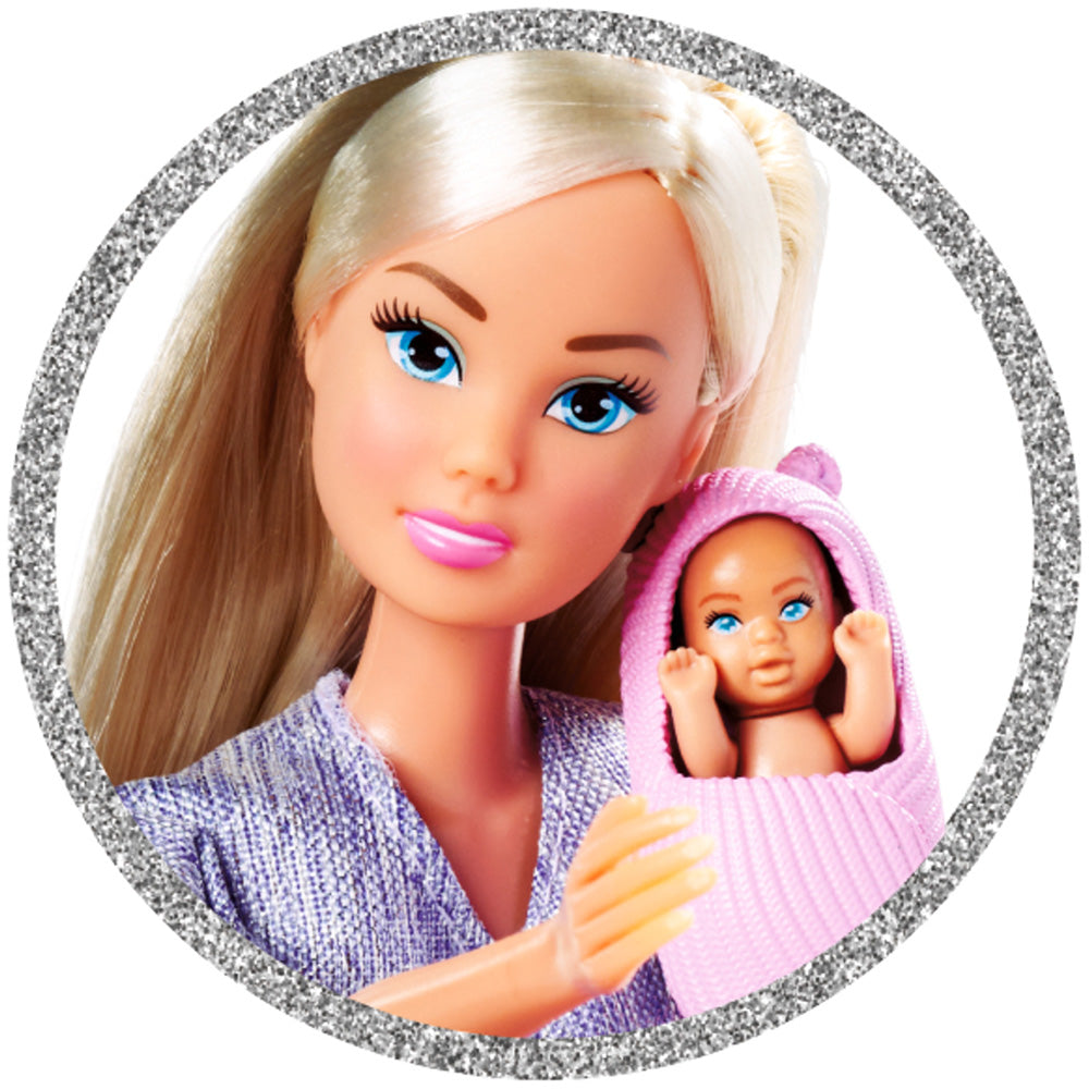 Papusa Simba Steffi Love Welcome Baby 29 cm cu bebelus si 12 accesorii