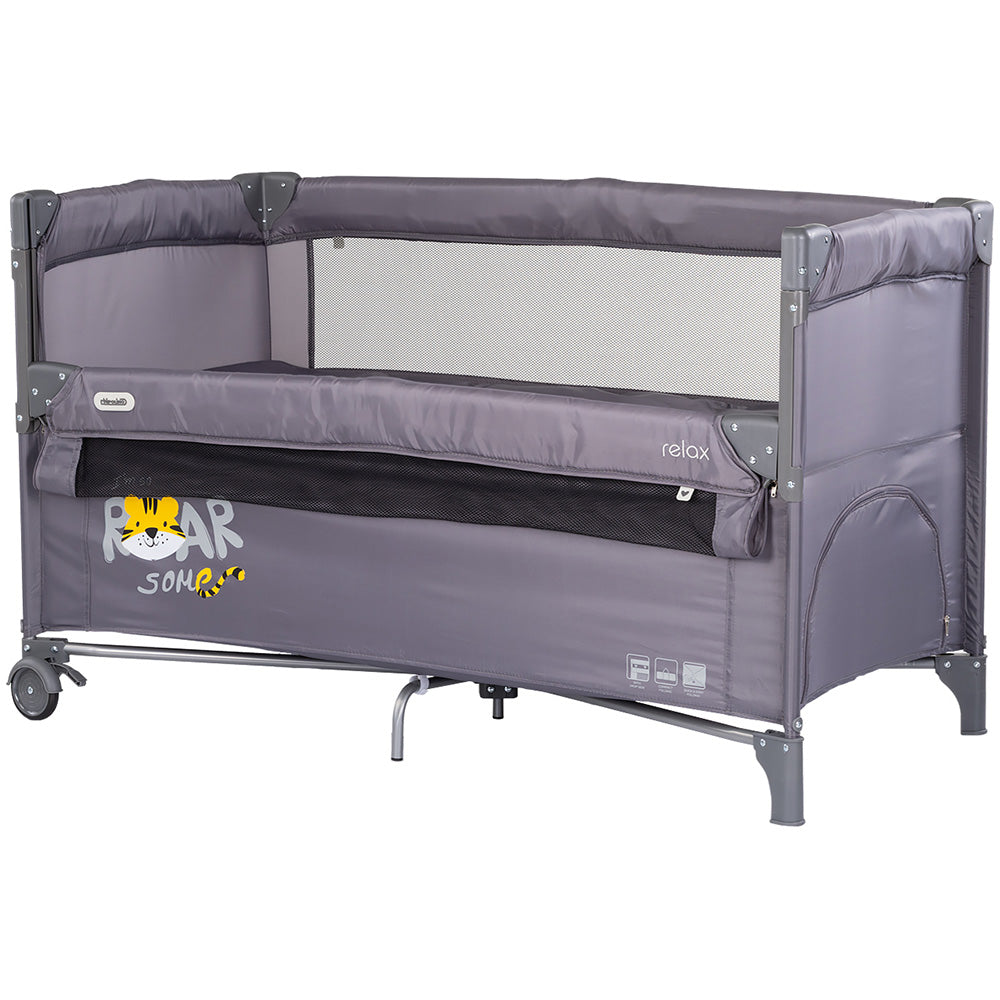 Patut pliabil Chipolino Relax Tiger charcoal cu laterala culisanta