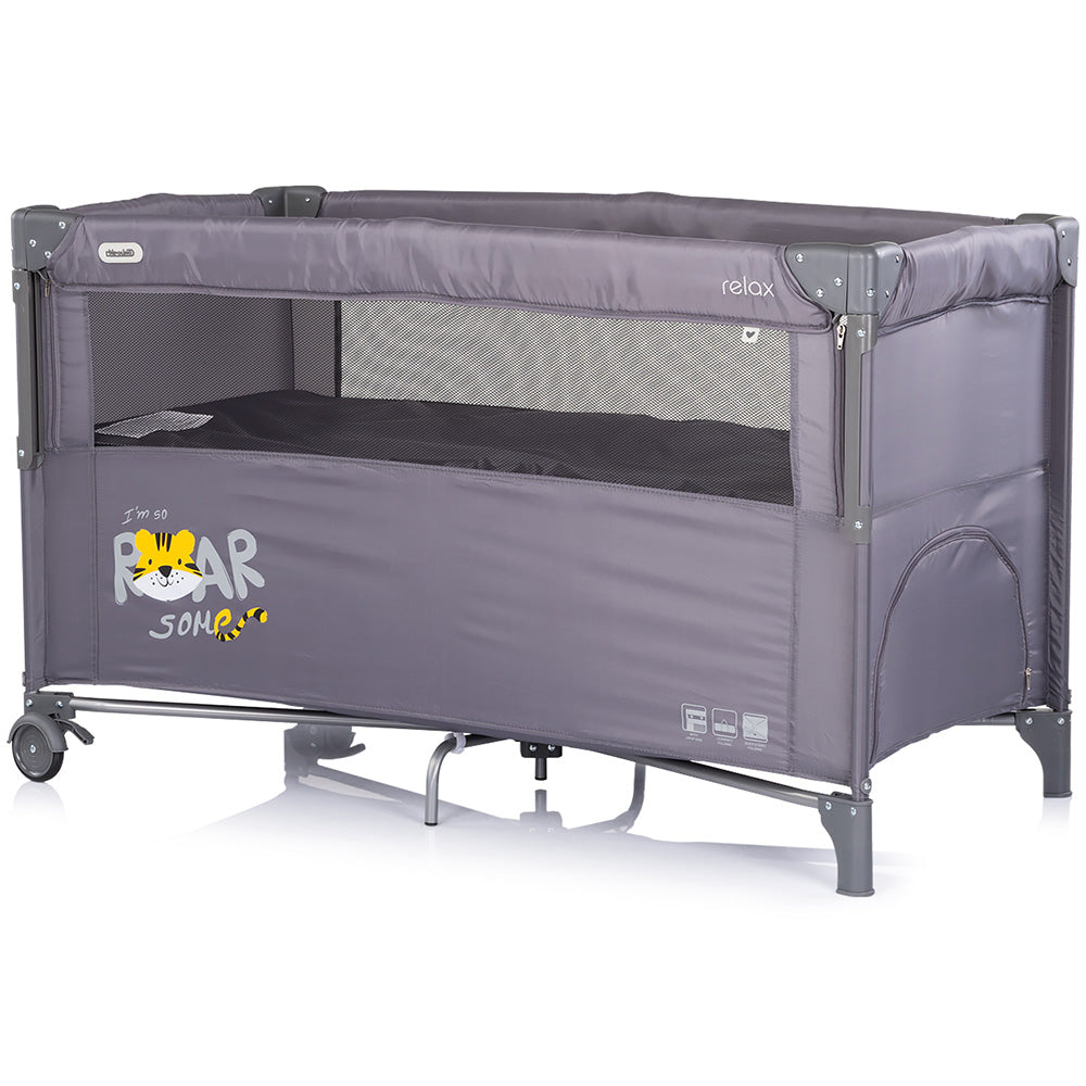 Patut pliabil Chipolino Relax Tiger charcoal cu laterala culisanta