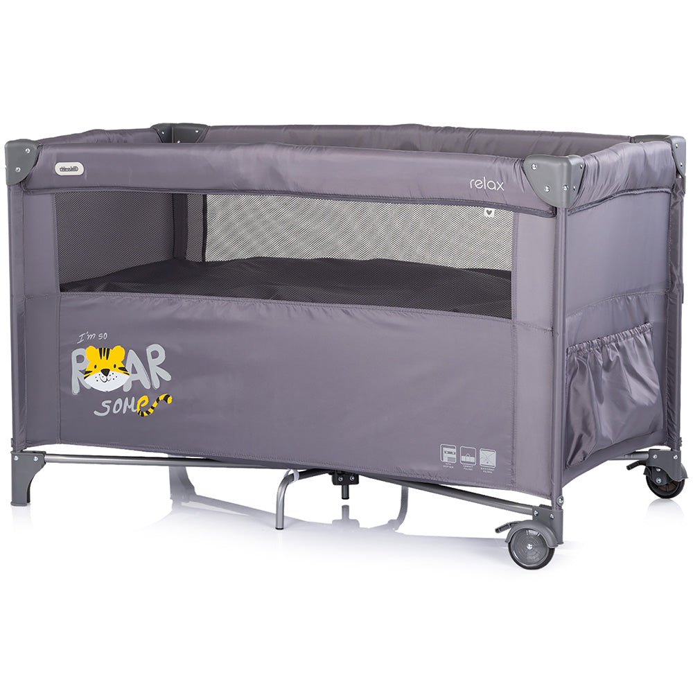 Patut pliabil Chipolino Relax Tiger charcoal cu laterala culisanta