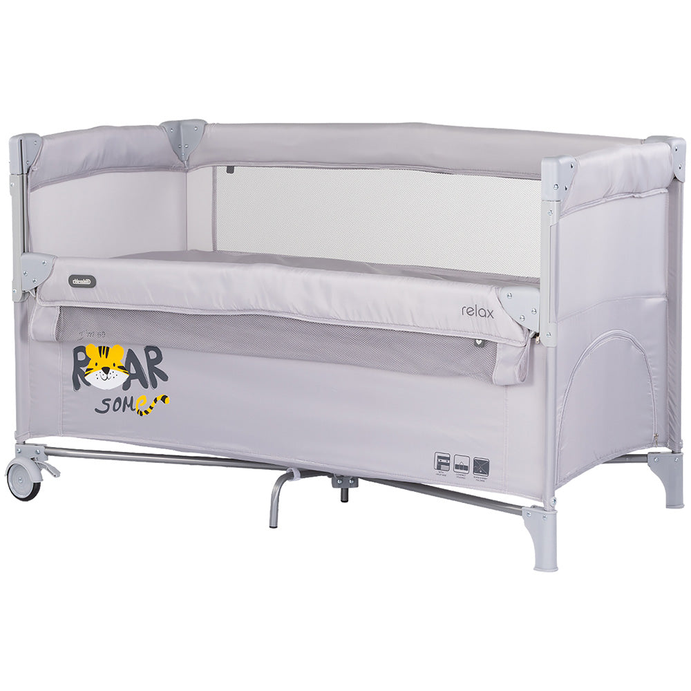 Patut pliabil Chipolino Relax Tiger platinum cu laterala culisanta
