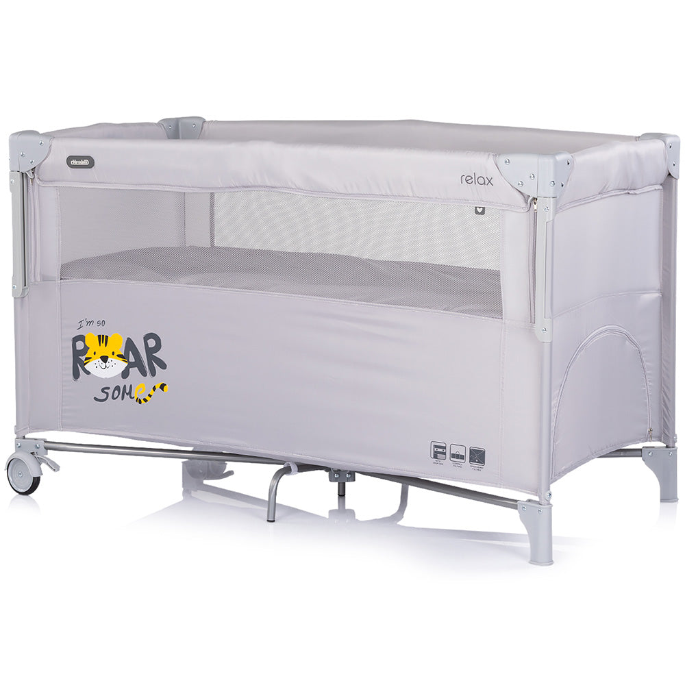 Patut pliabil Chipolino Relax Tiger platinum cu laterala culisanta