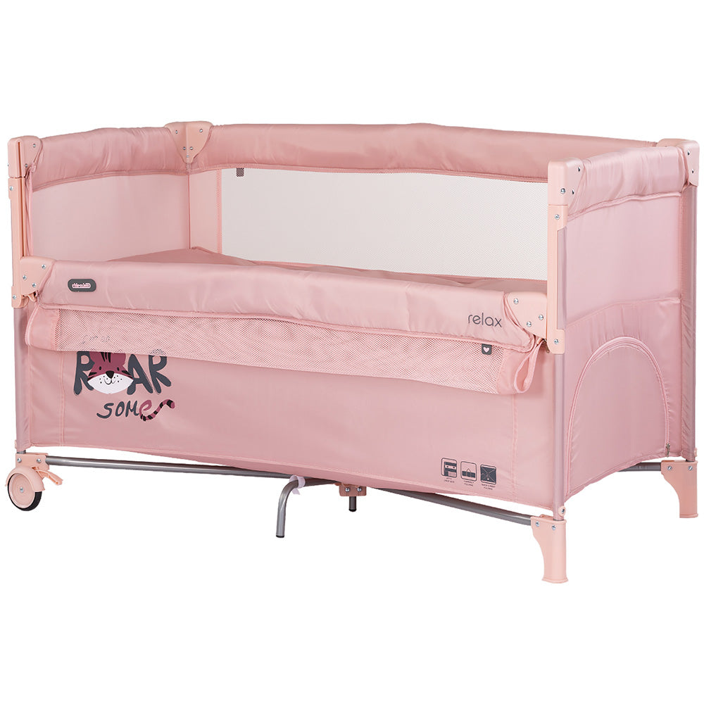 Patut pliabil Chipolino Relax Tiger powder pink cu laterala culisanta