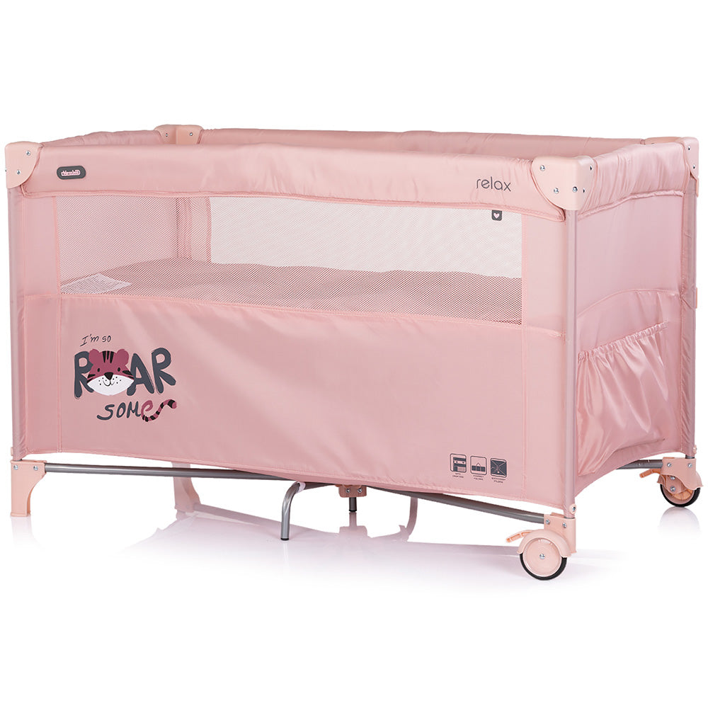 Patut pliabil Chipolino Relax Tiger powder pink cu laterala culisanta