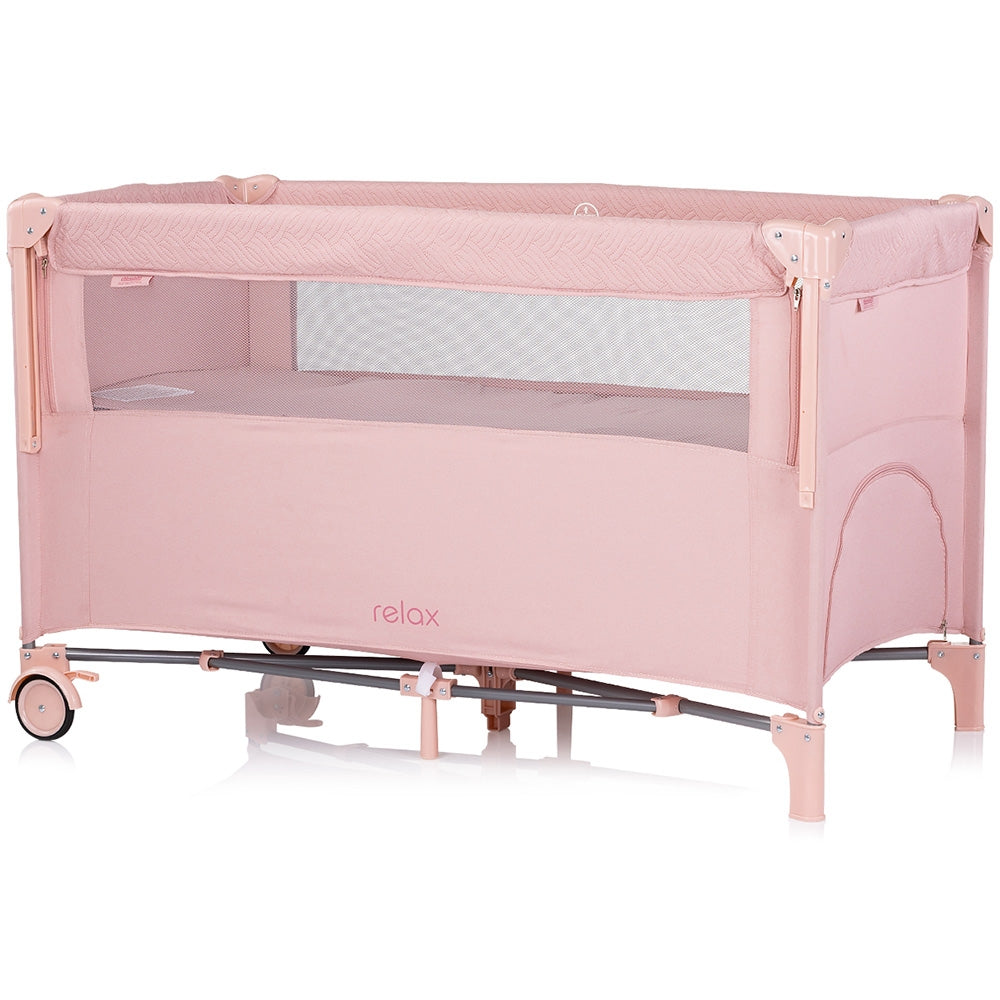 Patut pliabil Chipolino Relax pink marshmallow linen cu laterala culisanta