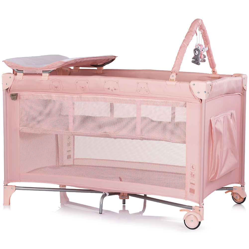 Patut pliabil cu saltea de infasat Chipolino Luna powder pink