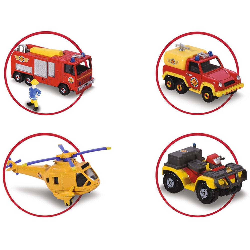 Pista de masini Dickie Toys Fireman Sam Rescue Team Sam Fire cu 3 masinute, 1 elicopter si o figurina