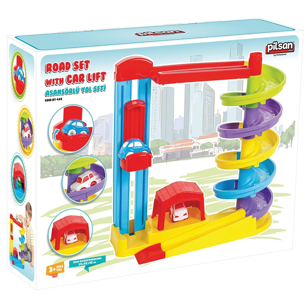 Pista de masini Pilsan Road Set with Car Lift albastru cu 2 masinute