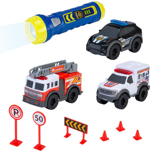 Set Dickie Toys Micro SOS Playset cu 3 masinute si 7 accesorii
