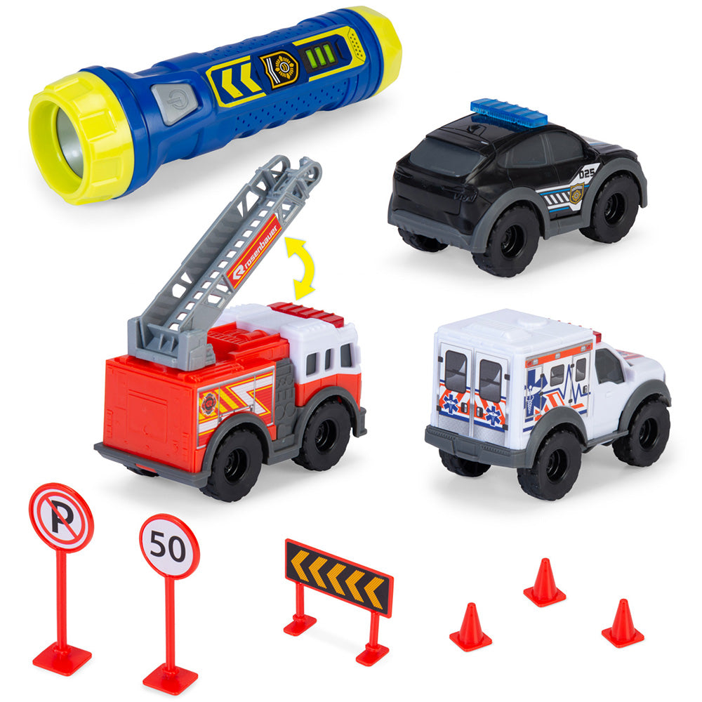 Set Dickie Toys Micro SOS Playset cu 3 masinute si 7 accesorii