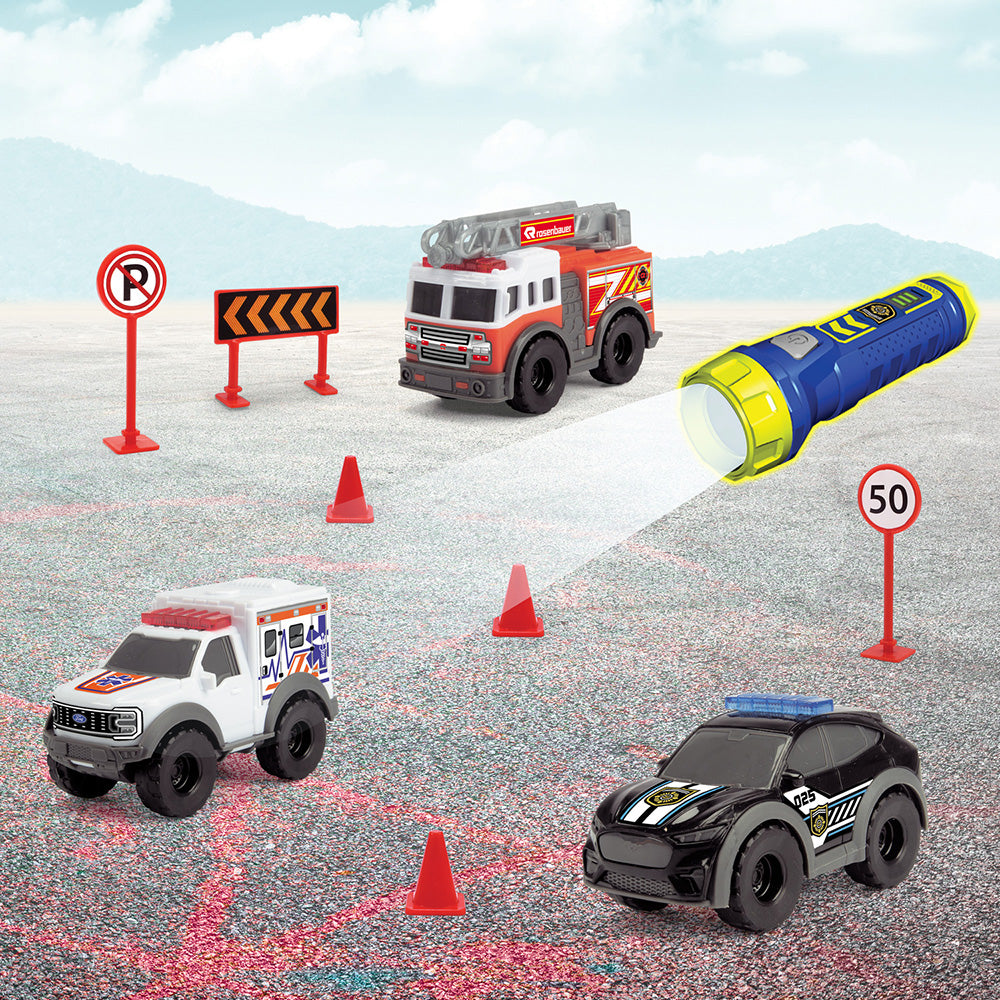 Set Dickie Toys Micro SOS Playset cu 3 masinute si 7 accesorii