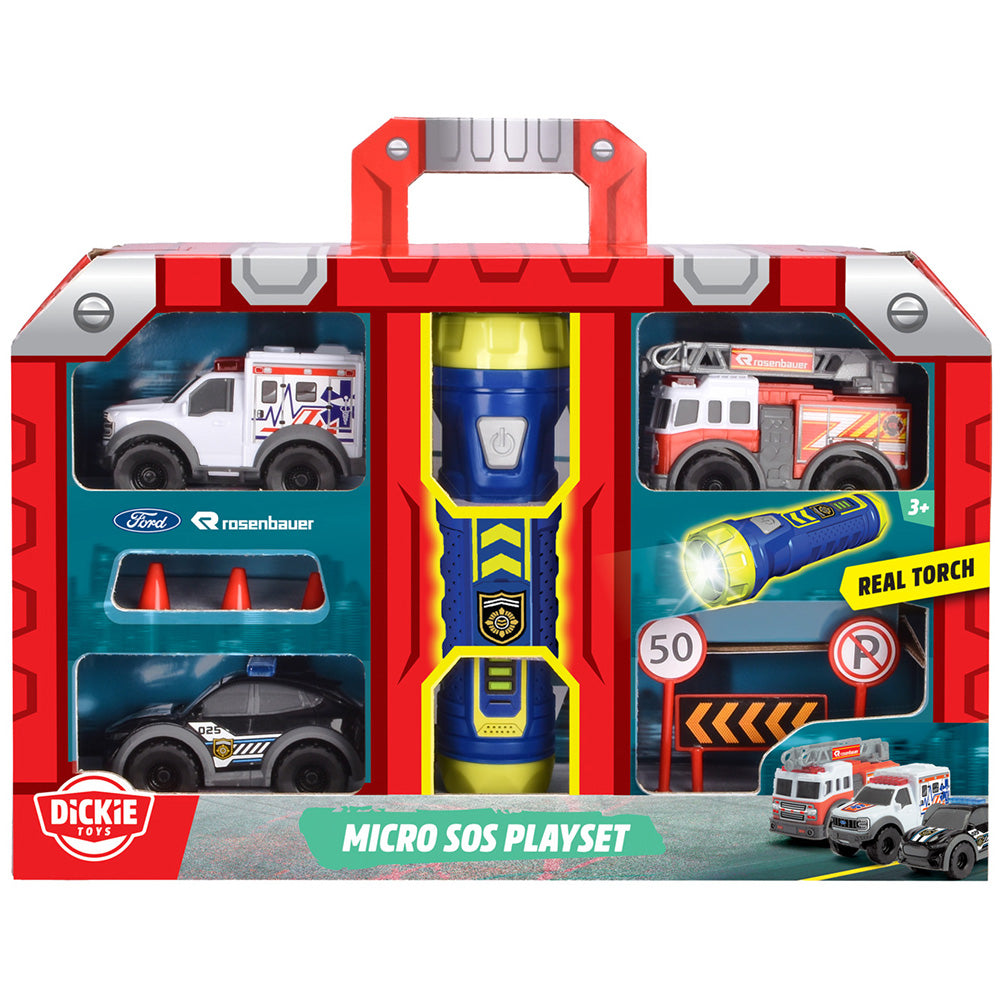 Set Dickie Toys Micro SOS Playset cu 3 masinute si 7 accesorii