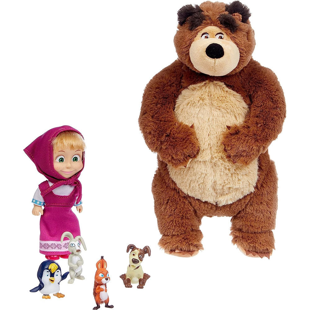 Set Simba Masha and the Bear Masha 12 cm cu ursulet de plus 25 cm si 4 animale - gogobaby.ro