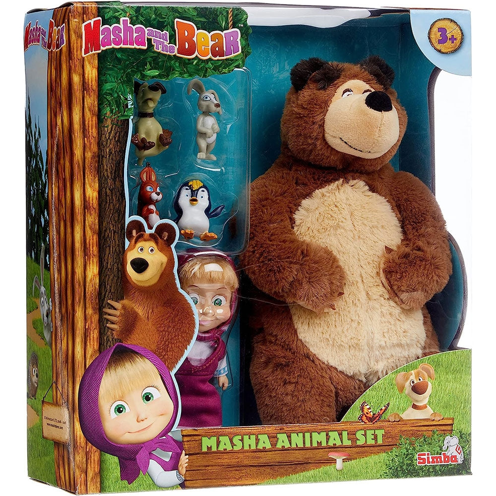 Set Simba Masha and the Bear Masha 12 cm cu ursulet de plus 25 cm si 4 animale - gogobaby.ro
