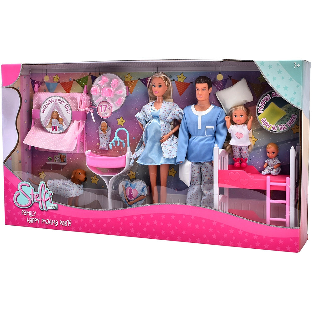 Set Simba Steffi Love Family Happy Pijamas Party 29 cm cu 4 papusi, 1 caine si accesorii