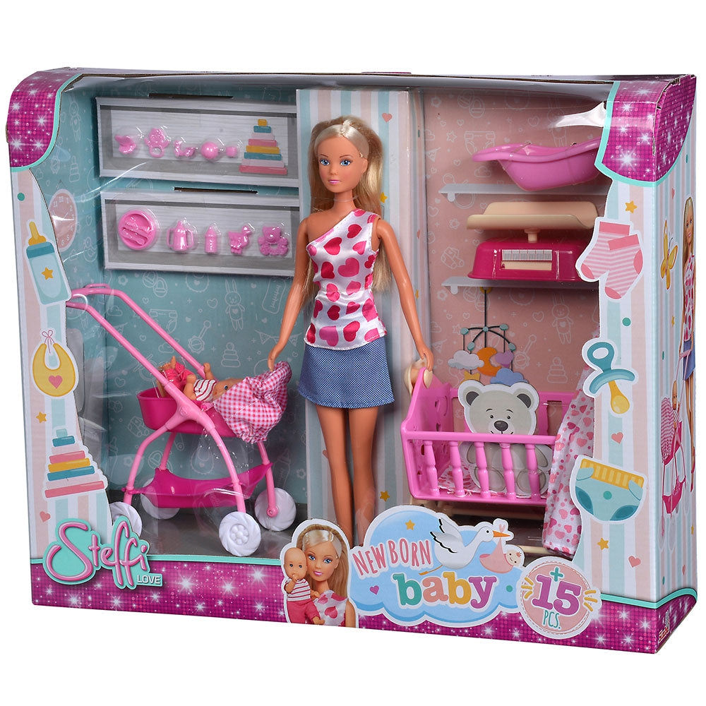 Set Simba Steffi Love New Born Baby Set papusa 29 cm, 1 bebelus si accesorii