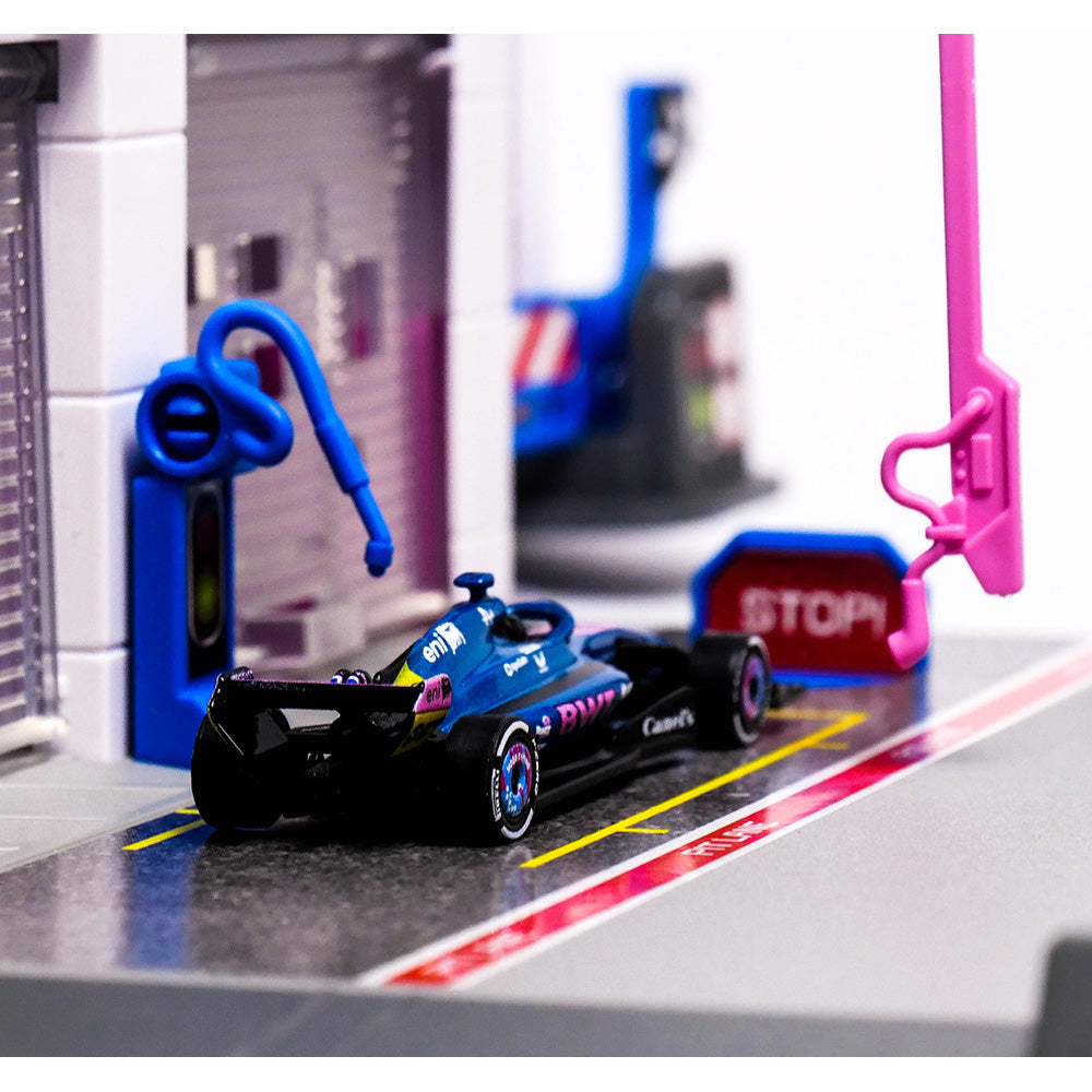 Set de joaca Majorette Motorsport Alpine Pit Stop cu o masinuta
