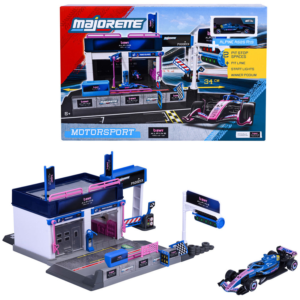 Set de joaca Majorette Motorsport Alpine Pit Stop cu o masinuta