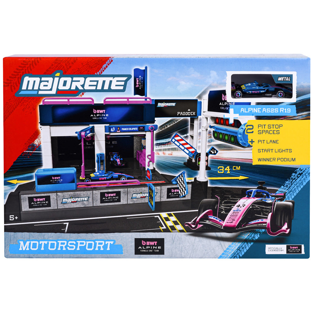 Set de joaca Majorette Motorsport Alpine Pit Stop cu o masinuta